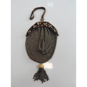 Antique Mesh Chainmail Evening Purse Floral Inlay, Clasp, Tassel, Frame As Is